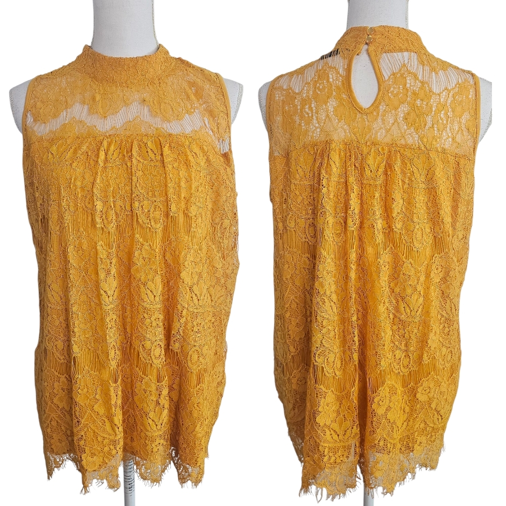 Luna Rae Women’s Yellow Lace Sleeveless Blouse Top Size L Lined Keyhole Back